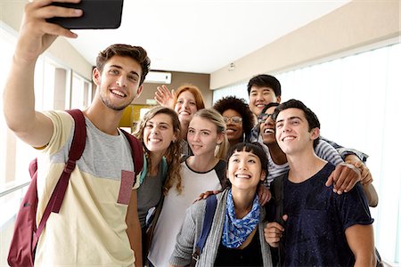 simsearch:632-07674444,k - Students posing for group selfie Stock Photo - Premium Royalty-Free, Code: 632-09158018