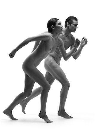 Nude man and woman running, side view, b&w Foto de stock - Sin royalties Premium, Código: 632-01142546