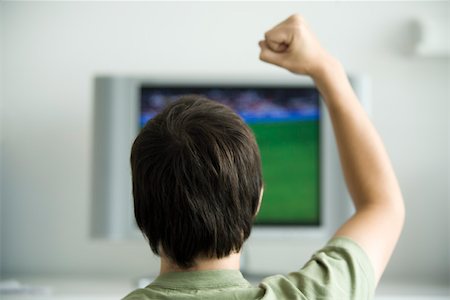 person watching soccer game - Male watching television, one fist raised in air, rear view Stock Photo - Premium Royalty-Free, Code: 632-02744876