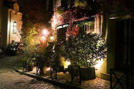 paris street lamps - Potted plants on sidewalk at night, Paris, France Foto de stock - Sin royalties Premium, Código: 632-03500692