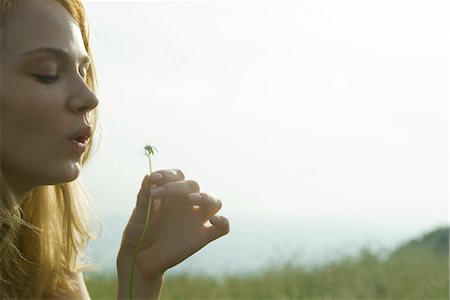 summer light - Young woman blowing dandelion seedhead Foto de stock - Sin royalties Premium, Código: 633-05401627