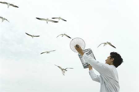 release - Man holding up bird cage, releasing bird, gulls souring overhead Stock Photo - Premium Royalty-Free, Code: 633-02417909