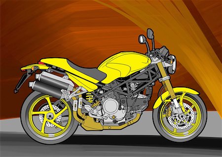 Bright yellow naked street motorbike with fiery orange background Stock Photo - Premium Royalty-Free, Code: 645-01538083