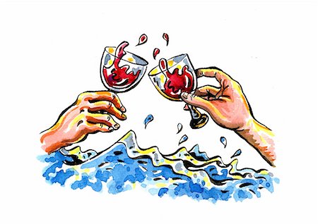 painting of the ocean - Male and female hands toasting wine glasses in stormy weather Stock Photo - Premium Royalty-Free, Code: 645-01538174