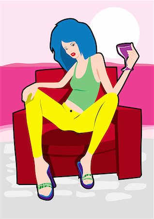 simsearch:645-01740152,k - Cool young woman posing on an armchair with a drink Stock Photo - Premium Royalty-Free, Code: 645-01538242