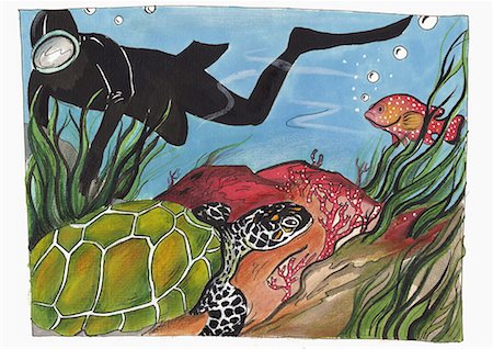 diving cartoon - Scuba diver swimming alongside a sea turtle and fish Stock Photo - Premium Royalty-Free, Code: 645-01538318