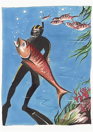 diving cartoon - Scuba diver catching a big fish Stock Photo - Premium Royalty-Free, Code: 645-01538319