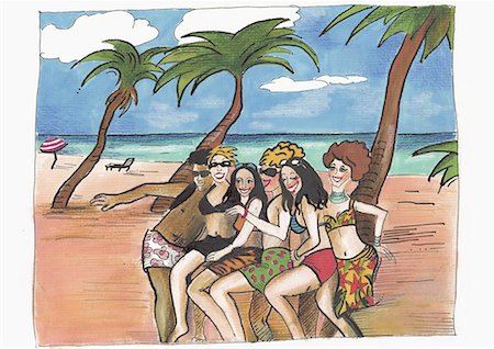 Group of women with a man posing on a tropical beach Foto de stock - Sin royalties Premium, Código: 645-01538322