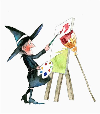 paint brush and illustration - Witch painting canvas on easel Stock Photo - Premium Royalty-Free, Code: 645-01538575