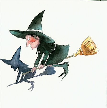 Happy witch on broom with her shadow Stock Photo - Premium Royalty-Free, Code: 645-01538580