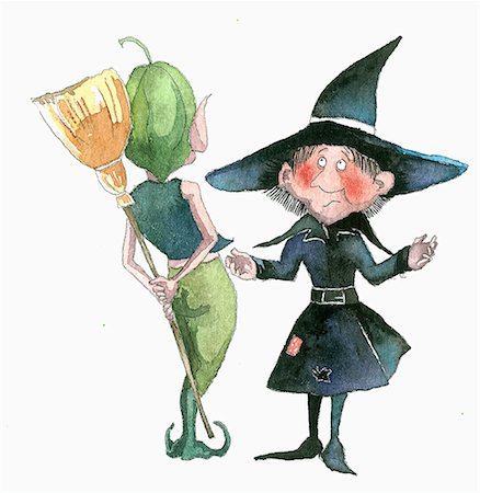 Elf hiding witch's broom as a joke Stock Photo - Premium Royalty-Free, Code: 645-01538593