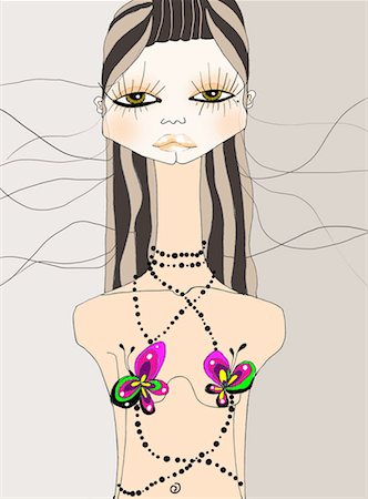 drawing face fashion illustrations - Woman modeling a jeweled shirt just covering her breasts Stock Photo - Premium Royalty-Free, Code: 645-01538602