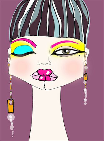 simsearch:645-01538251,k - Headshot of woman in heavy makeup and creative earrings Foto de stock - Sin royalties Premium, Código: 645-01538624