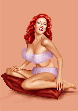 suggestion - Pinup girl in purple bikini underwear sitting on cushion Stock Photo - Premium Royalty-Free, Code: 645-01739771