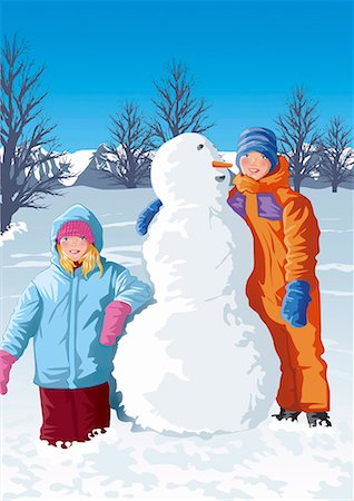 peaked cap - Children playing in the snow with a snowman Stock Photo - Premium Royalty-Free, Code: 645-01739805