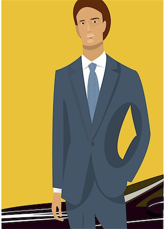 fashion cartoons - Young man dressed up in a suit standing by a black car Stock Photo - Premium Royalty-Free, Code: 645-01739850