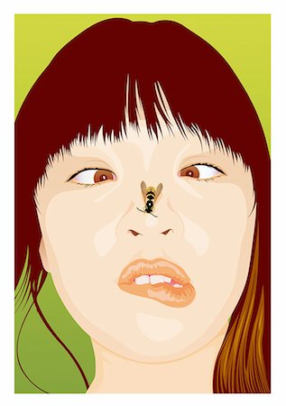 Young woman grimacing crosseyed with bee on her nose Stock Photo - Premium Royalty-Free, Code: 645-01739889