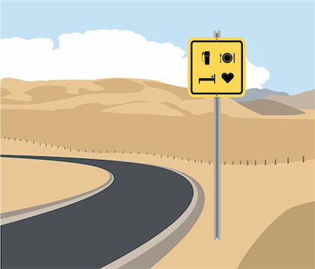 road signs cartoon - Road sign for gas, food, lodging, and love on a desert road Stock Photo - Premium Royalty-Free, Code: 645-01739935