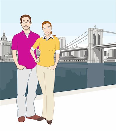 simsearch:645-01739935,k - Young couple standing in front of East River with the Brooklyn Bridge in the background Stock Photo - Premium Royalty-Free, Code: 645-01739952