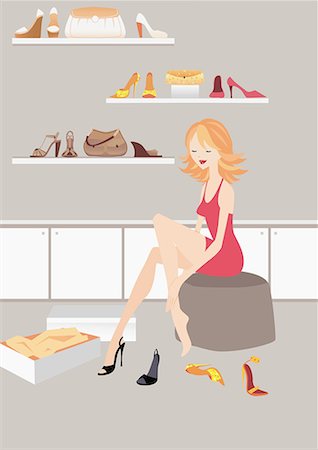 drawing dresses in color with fashion - Woman trying out some high heels in a shoe store Stock Photo - Premium Royalty-Free, Code: 645-01739997