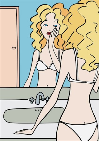 simsearch:645-01538251,k - Woman in bathroom looking at herself in the mirror Foto de stock - Sin royalties Premium, Código: 645-01739991