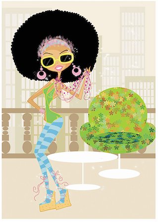 far out - Funky woman in an afro on a terrace Stock Photo - Premium Royalty-Free, Code: 645-01740133