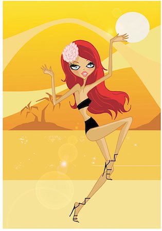 summer season cartoon - Redhead dancing in her bikini and high heels in the sunset Stock Photo - Premium Royalty-Free, Code: 645-01740161