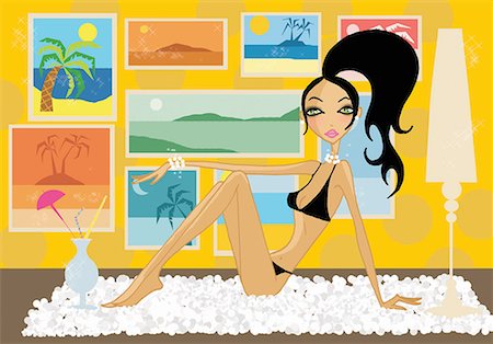 Woman in bikini on floor with vacation scenes on her wall Stock Photo - Premium Royalty-Free, Code: 645-01740171