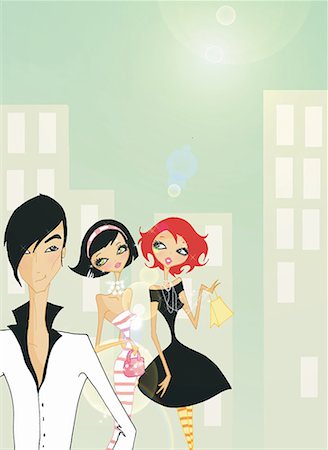 street illustration - Two women looking at a well- dressed man Stock Photo - Premium Royalty-Free, Code: 645-01740189