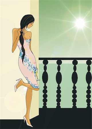Woman with long hair on in a dress on a balcony Stock Photo - Premium Royalty-Free, Code: 645-01740228
