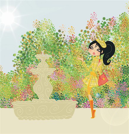 drawing of flower - Woman tossing penny into a fountain in a park Stock Photo - Premium Royalty-Free, Code: 645-01740233
