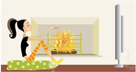 stylized house - Woman sitting in front of fireplace watching TV Stock Photo - Premium Royalty-Free, Code: 645-01740246