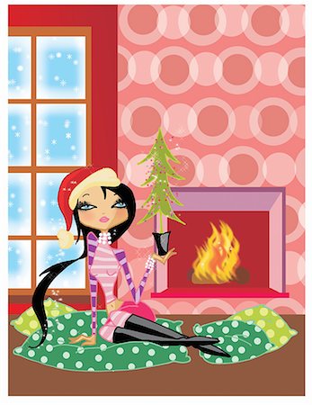stylized house - Woman sitting by the fire with a little Christmas tree Stock Photo - Premium Royalty-Free, Code: 645-01740242