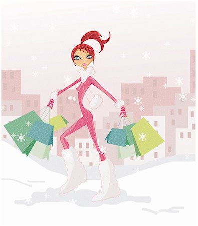Woman walking in the snow with many shopping bags Stock Photo - Premium Royalty-Free, Code: 645-01740268