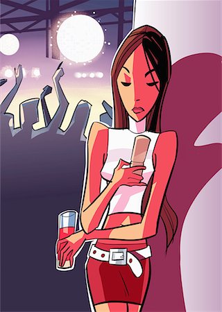 female group cartoons - Young woman making a phone call on her mobile in a club Stock Photo - Premium Royalty-Free, Code: 645-01740304