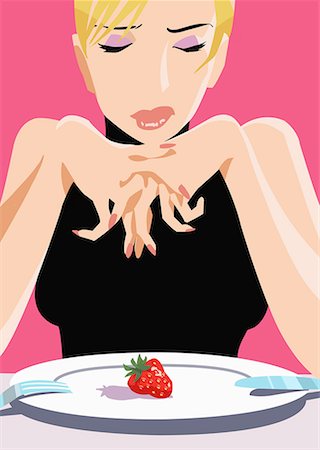 strawberry illustration - Woman with one strawberry on her plate Stock Photo - Premium Royalty-Free, Code: 645-01740318