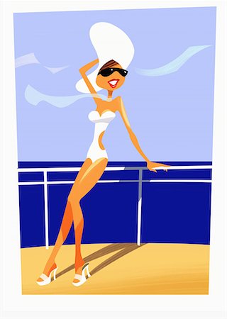 summer body cartoon - Woman in bathing suit, hat, and sunglasses basking in the sun on the deck of a boat Stock Photo - Premium Royalty-Free, Code: 645-01740329