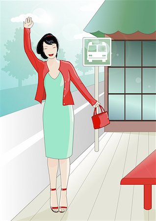 Woman at bus station flagging down the bus Stock Photo - Premium Royalty-Free, Code: 645-01740387