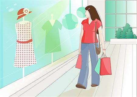 drawing dresses in color with fashion - Woman with shopping bags browsing a store window Stock Photo - Premium Royalty-Free, Code: 645-01740388