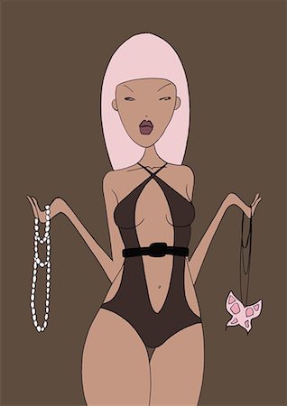 drawing dresses in color with fashion - Woman in one-piece bathing suit trying to choose a necklace Stock Photo - Premium Royalty-Free, Code: 645-01740414