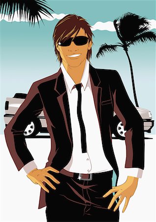 fashion cartoons - Cool looking man in suit with sporty car in the background Stock Photo - Premium Royalty-Free, Code: 645-01740432