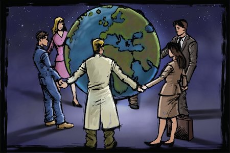 environmental business illustration - Men and women joining hands around the globe Stock Photo - Premium Royalty-Free, Code: 645-01826149