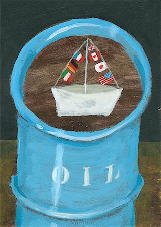 environmental business illustration - Boat with flags of G7 countries in oil barrel Stock Photo - Premium Royalty-Free, Code: 645-01826205