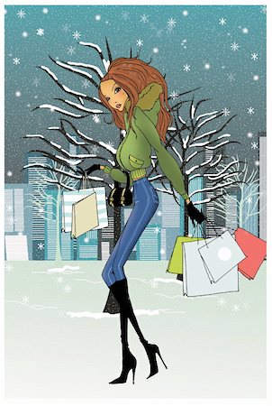 Woman with shopping bags in the snow Stock Photo - Premium Royalty-Free, Code: 645-01826288