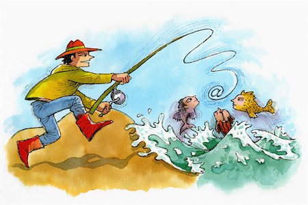 fish cartoon - Fisherman catching fish with human heads Stock Photo - Premium Royalty-Free, Code: 645-01826610