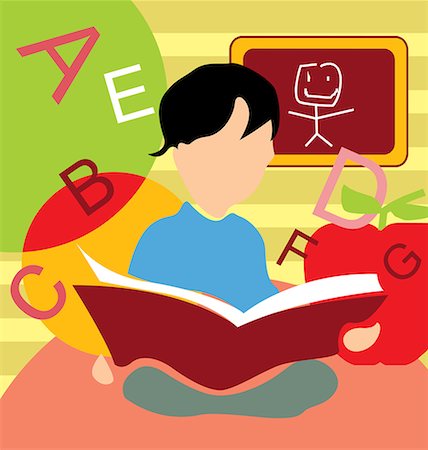 students learning cartoon - Front view of a boy studying book Foto de stock - Sin royalties Premium, Código: 645-02153427