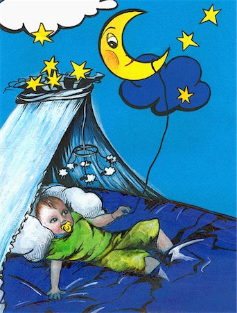 Baby boy in bed with moon on a string Stock Photo - Premium Royalty-Free, Code: 645-02153781