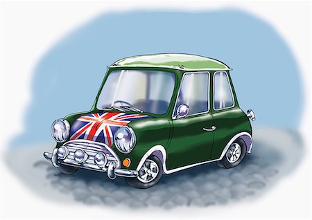 road illustration - Old mini cooper car with British flag Stock Photo - Premium Royalty-Free, Code: 645-02153839