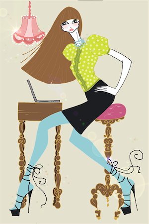 roses illustration - Young woman with long hair at desk Foto de stock - Sin royalties Premium, Código: 645-02925854