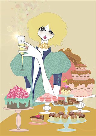 roses illustration - Young woman with champagne and sweets Foto de stock - Sin royalties Premium, Código: 645-02925860